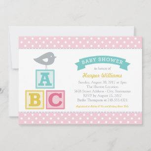ABC Alphabet Blocks Pink Baby Girl Shower Invitation