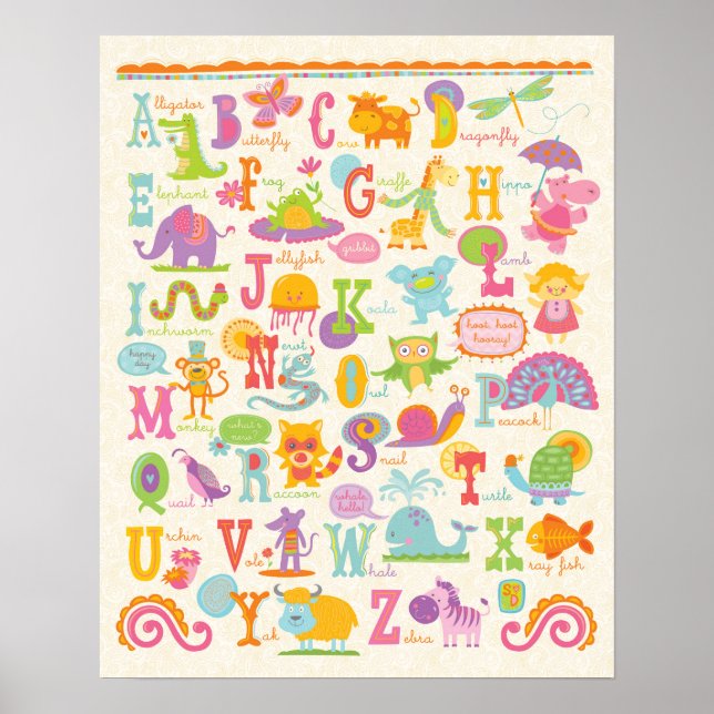 ABC Animal Alphabet Girl Nursery Print (Front)