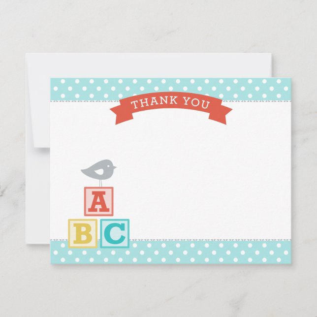 ABC Blocks Aqua and Red Neutral Baby Shower Thank You Card (Front)