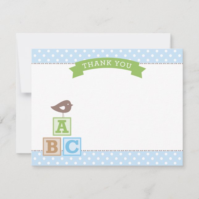 ABC Blocks Blue and Green Boy Baby Shower Thank You Card (Front)