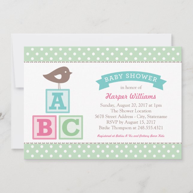 ABC Blocks Mint Green Bird Baby Girl Shower Invitation (Front)
