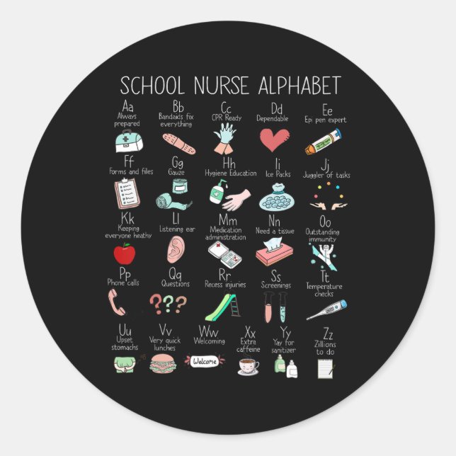 Abc School Nurse Alphabet Nurse Appreciation Nurse Classic Round Sticker (Front)