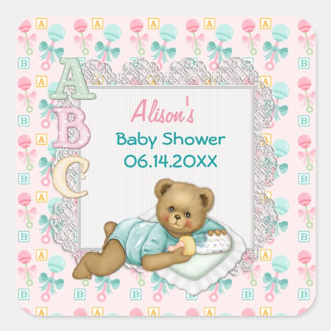 ABC Teddy Pink and Aqua Baby Shower Square Sticker (Front)