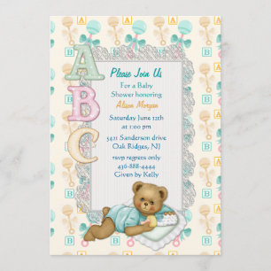 ABC Teddy Shower Invitation - Peach and Aqua