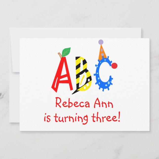 ABC Turning 3 Third Birthday Party Invitaitons Invitation (Front)