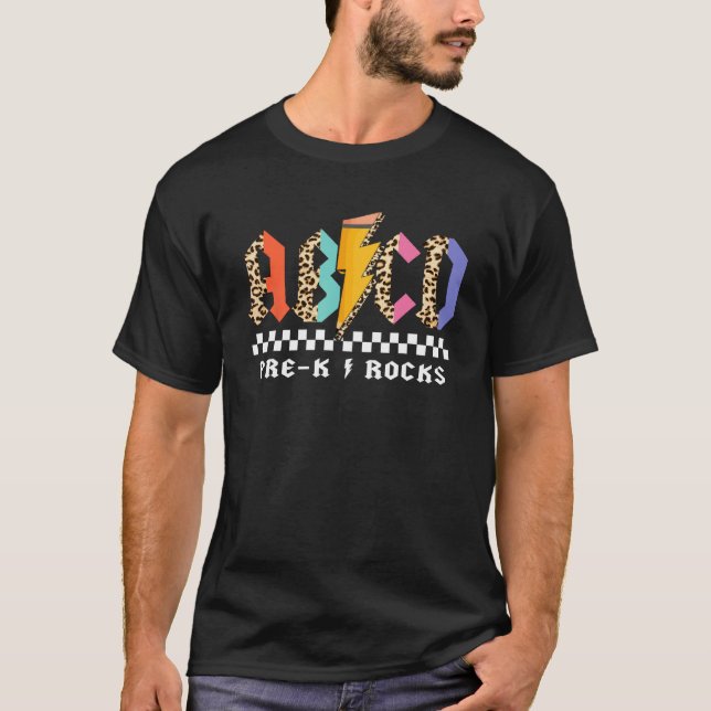 ABCD Pre-K Rocks Pencil Lightning Leopard Students T-Shirt (Front)