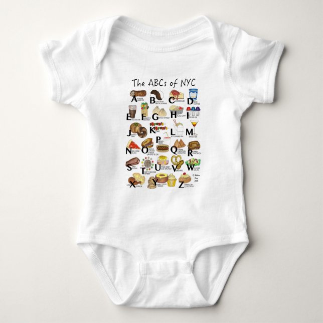 ABCs of NYC Iconic New York City Foods Alphabet Baby Bodysuit (Front)