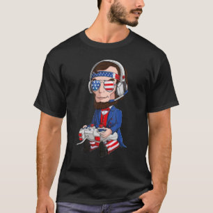 Abe Abraham Lincoln Gamer 4th Of July Usa Flag Kid T-Shirt