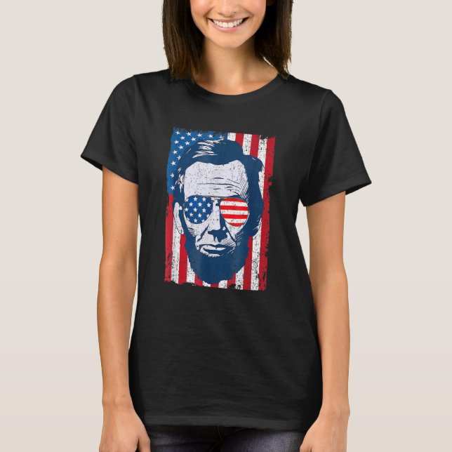 Abe Lincoln Beard Sunglasses & American Flag 4th O T-Shirt (Front)