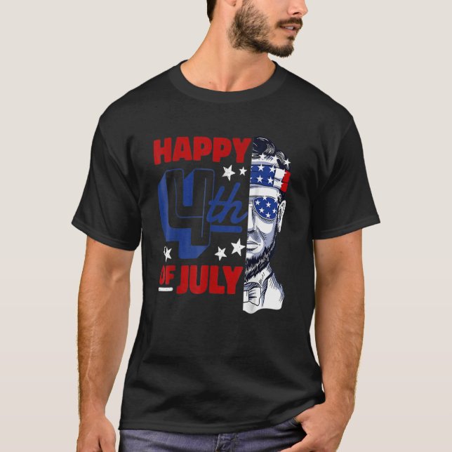Abe Lincoln Beard Sunglasses & American Flag 4th O T-Shirt (Front)