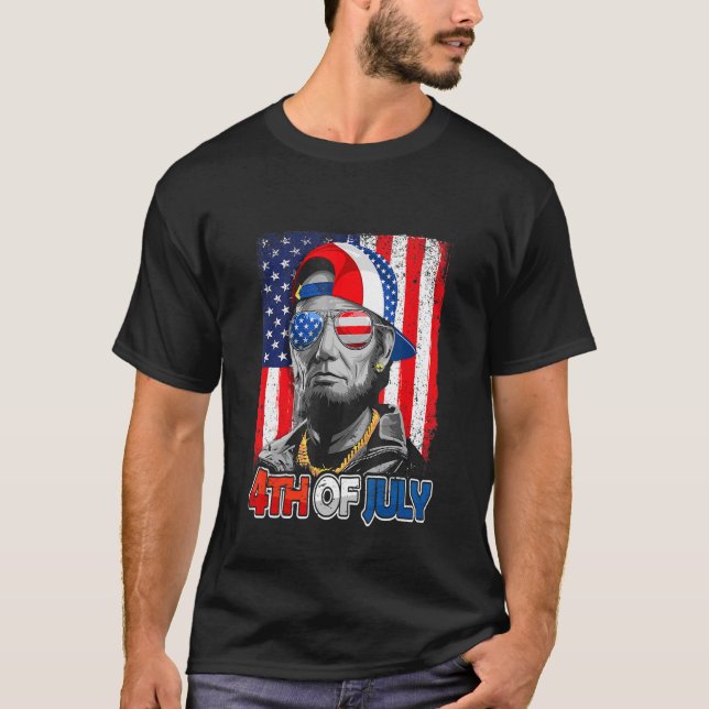Abe Lincoln Beard Sunglasses American Flag 4th Of  T-Shirt (Front)