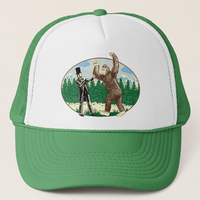 ABE LINCOLN: SASQUATCH HUNTER - Funny Bigfoot Logo Trucker Hat (Front)