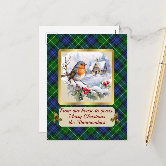 Abercrombie Crest/Tartan w/Robin Personalised Xmas Holiday Postcard (Front/Back In Situ)