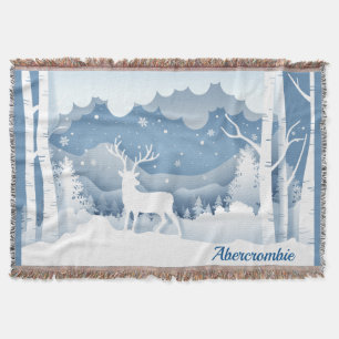 Abercrombie Personalised White Stag Winter Scene Throw Blanket