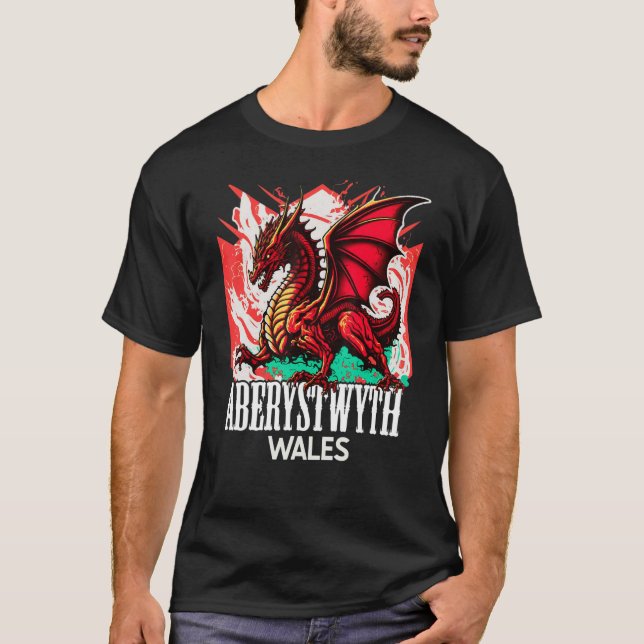 Aberystwyth Wales Welsh Flag Y Ddraig Goch Dragon T-Shirt (Front)
