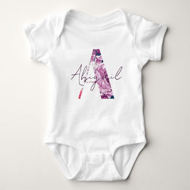 Abigail Baby Name Flower Script Pretty Girl Floral Baby Bodysuit (Front)