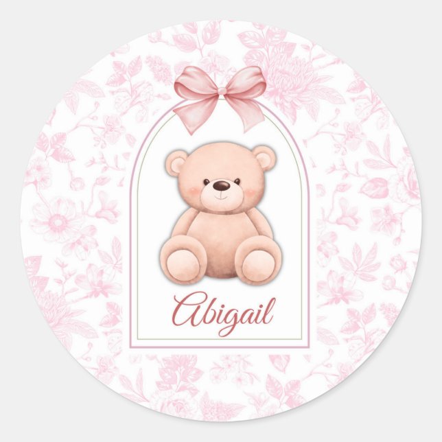 Abigail | Custom Pink Teddy Bear Nursery Design  Classic Round Sticker (Front)
