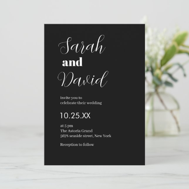 Abigail Font Modern chic black and white wedding Invitation (Standing Front)