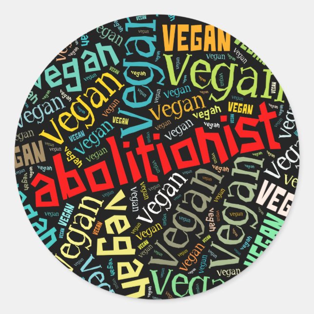 "Abolitionist Vegan" Word-Cloud Mosaic Classic Round Sticker (Front)