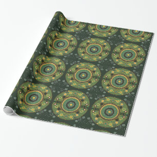 Aboriginal art style green glossy wrapping paper