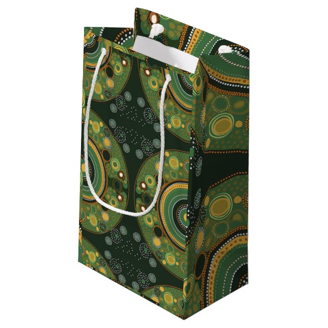 Aboriginal dot style green gift bag  (Back Angled)