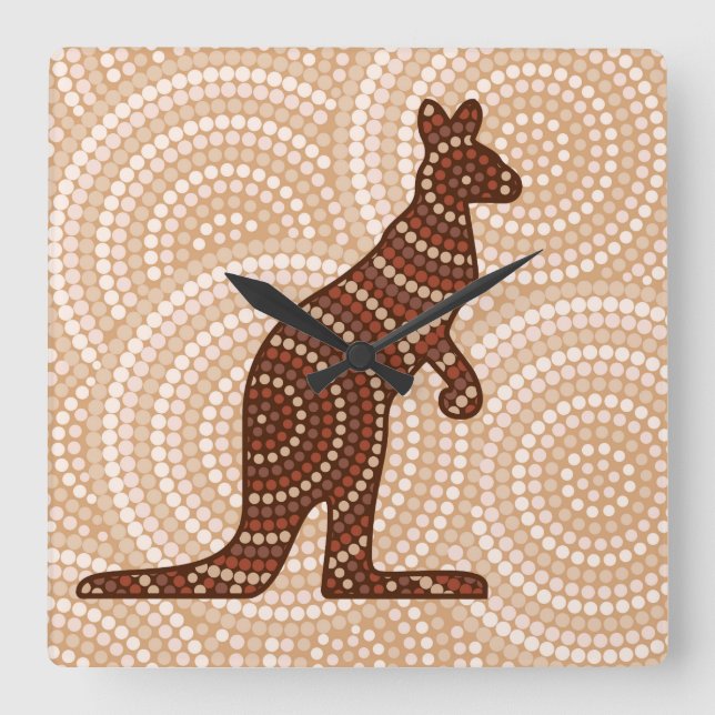 Aboriginal kangaroo dot square wall clock (Front)
