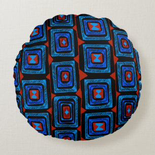 Aboriginal Squares - Red Turquoise Blue Round Cushion