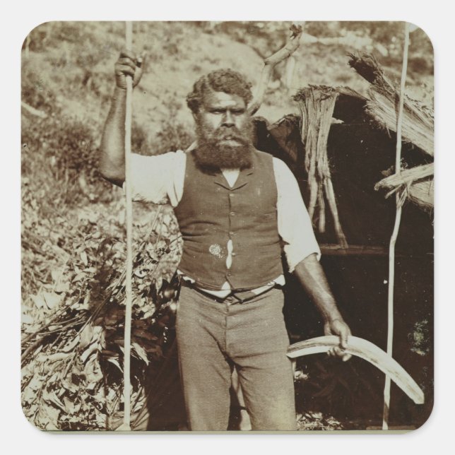 Aborigine with a Boomerang, c.1860s (sepia photo) Square Sticker (Front)