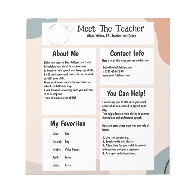 About Me - Meet the Teacher Notepad (Front)