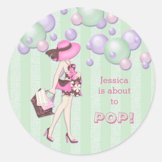 About to Pop Personalised Girl Baby Shower Classic Round Sticker (Front)