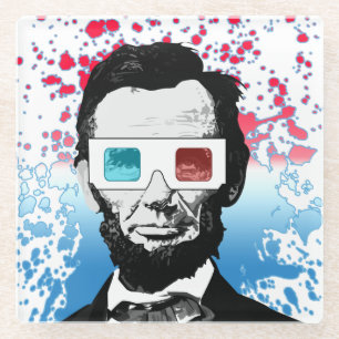 Abraham Lincoln 3D Glasses Patriotic Red Blue Glass Coaster