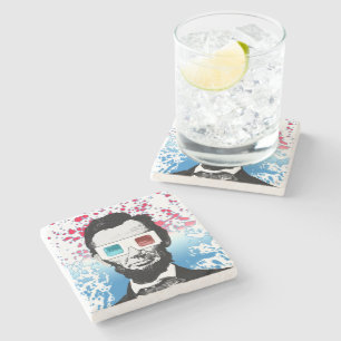 Abraham Lincoln 3D Glasses Patriotic Red Blue Stone Coaster