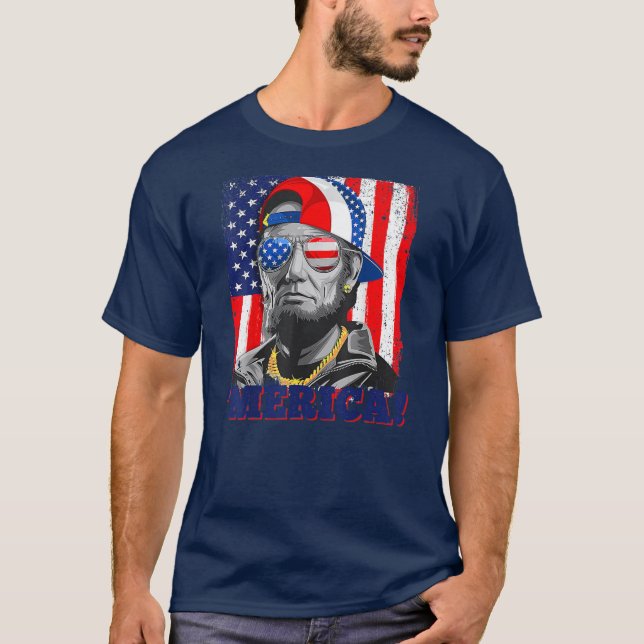 Abraham Lincoln Merica American Flag 4th Of July  T-Shirt (Front)