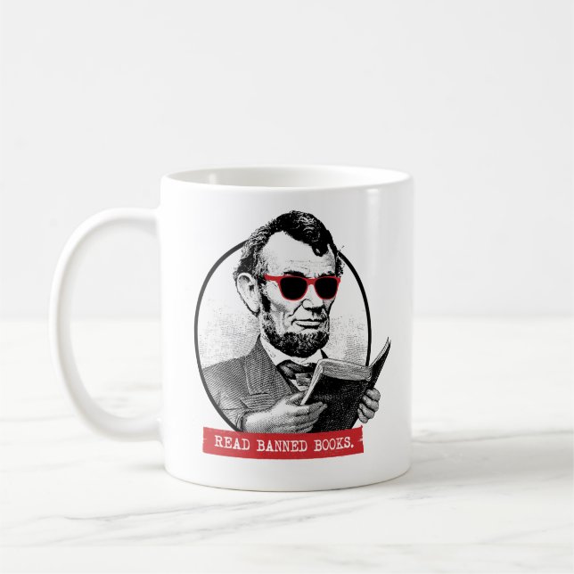 Abraham Lincoln Reads Banned Books Coffee Mug (Left)