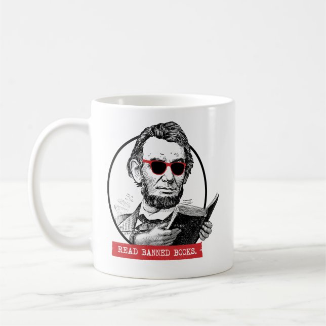 Abraham Lincoln Reads Banned Books Coffee Mug (Left)