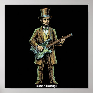 Abraham Lincoln Rocking Headless Guitar Woodblock Poster