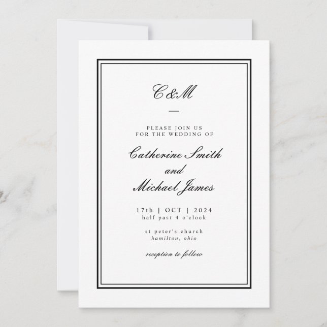Absolute Classic Black and White Monogram Wedding Invitation (Front)