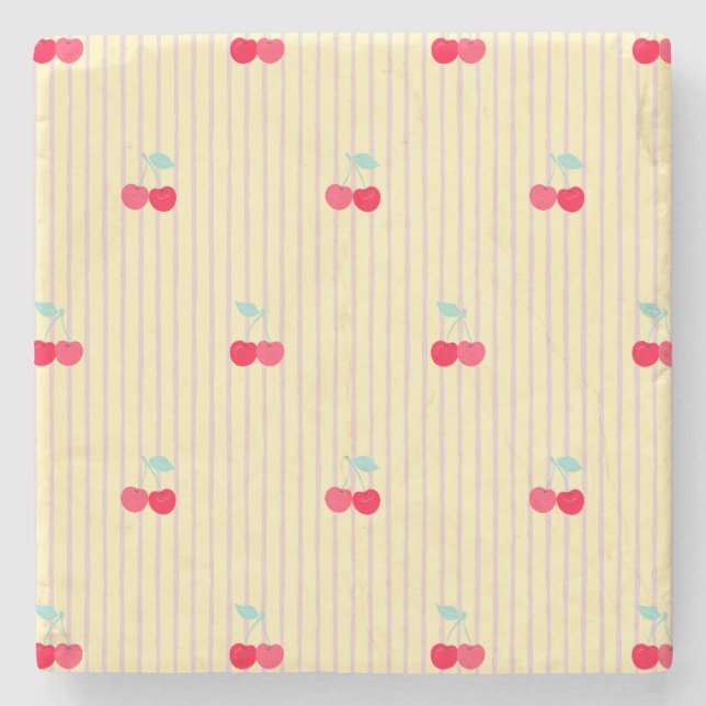 Absorbent Retro Cherries Pattern Retro Pop Stone Coaster (Front)