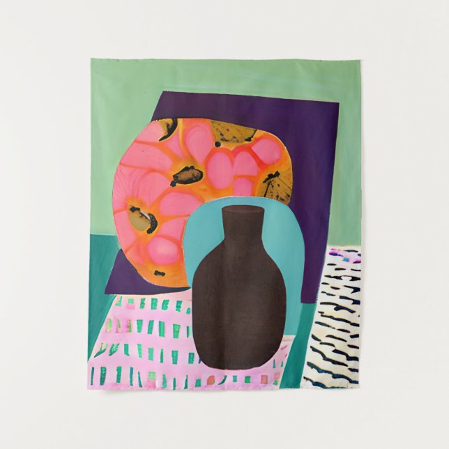 Abstact Vase and Table Setting in Aqua and Orange  Tapestry (Front)