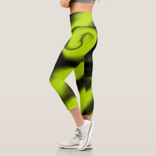 Abstract 3 in Black and Lime Green Capri Leggings