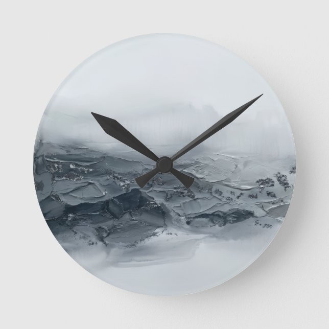 Abstract 3D Impasto Black Grey Mountain Wave Acryl Round Clock (Front)