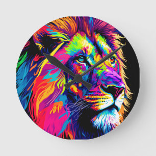 Abstract 3d Lion Portrait Digital Art Round Clock