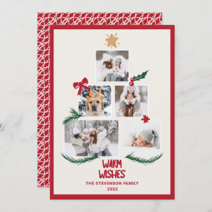 Abstract 5 photos Christmas tree red ecru wishes Holiday Card