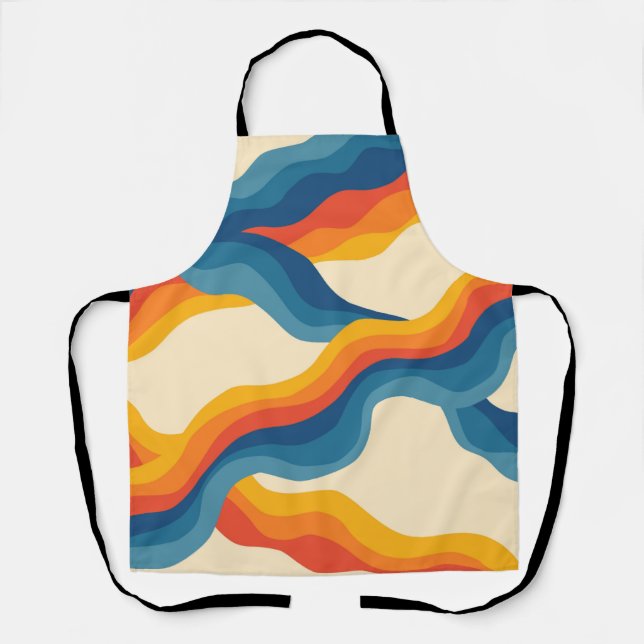 Abstract 70s Retro Orange Blue Wavy Stripe Pattern Apron (Front)