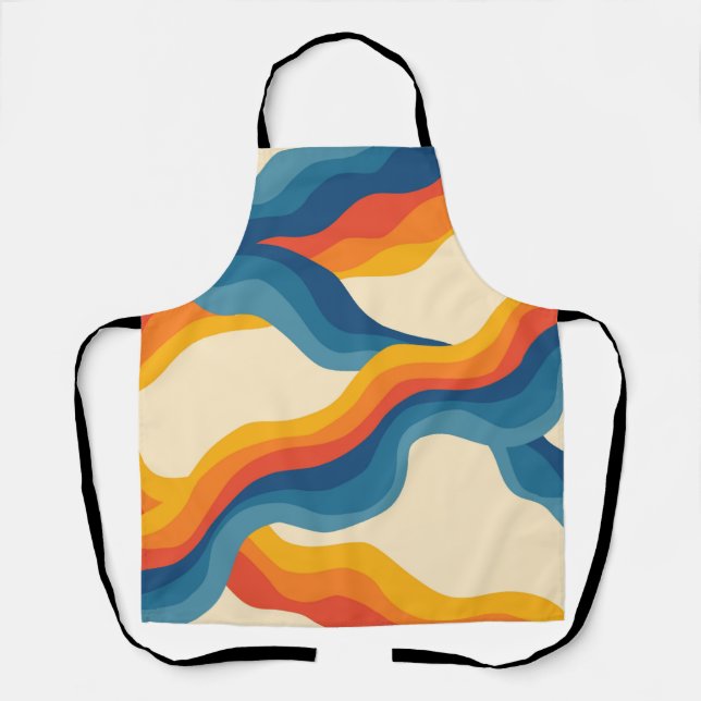 Abstract 70s Retro Orange Blue Wavy Stripe Pattern Apron (Front)