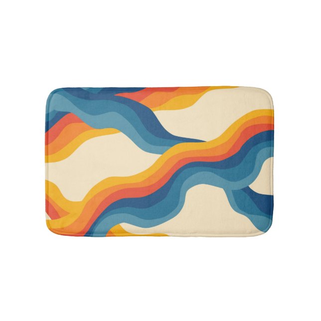 Abstract 70s Retro Orange Blue Wavy Stripe Pattern Bath Mat (Front)