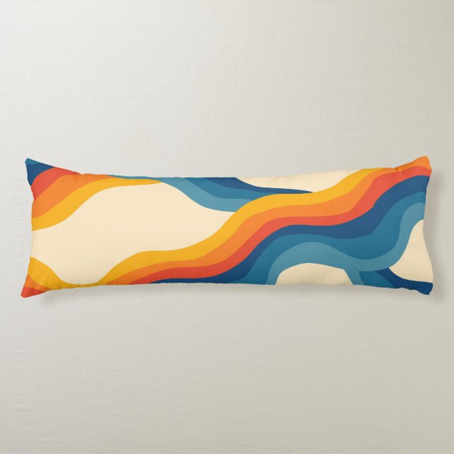 Abstract 70s Retro Orange Blue Wavy Stripe Pattern Body Cushion (Front)