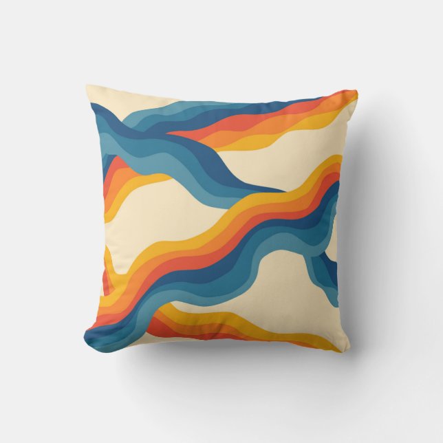 Abstract 70s Retro Orange Blue Wavy Stripe Pattern Cushion (Front)