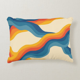 Abstract 70s Retro Orange Blue Wavy Stripe Pattern Decorative Cushion