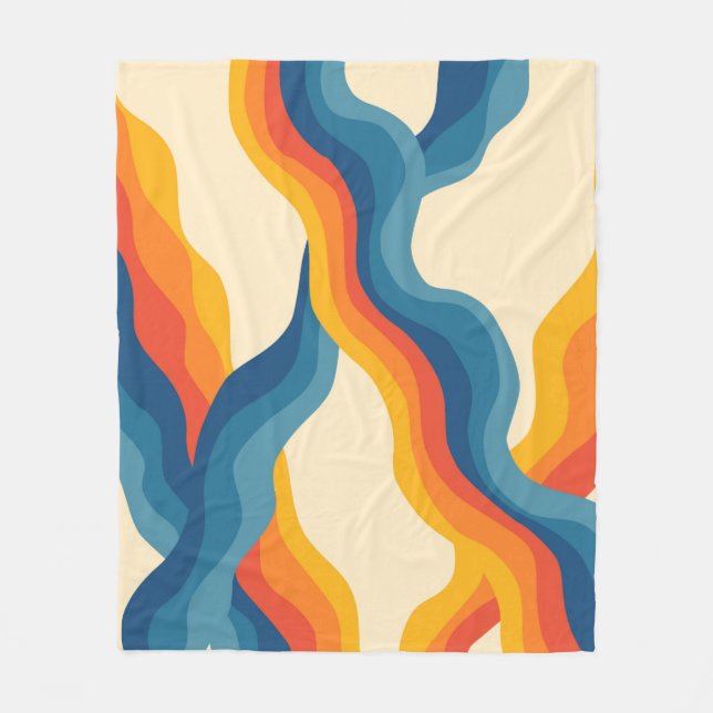 Abstract 70s Retro Orange Blue Wavy Stripe Pattern Fleece Blanket (Front)